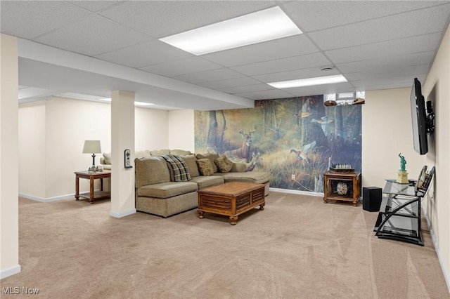 carpeted living area featuring a drop ceiling, baseboards, and an accent wall