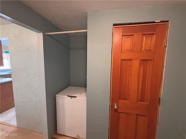 clothes washing area with a textured ceiling