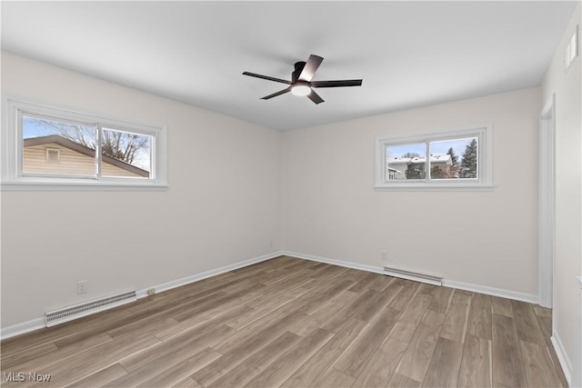 empty room featuring ceiling fan and light hardwood / wood-style flooring