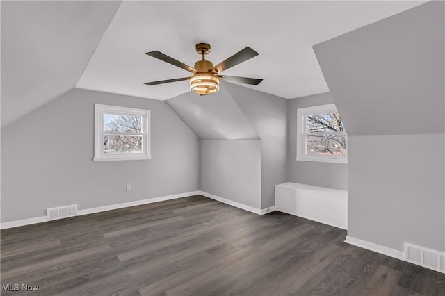 additional living space with lofted ceiling, dark hardwood / wood-style floors, ceiling fan, and a healthy amount of sunlight