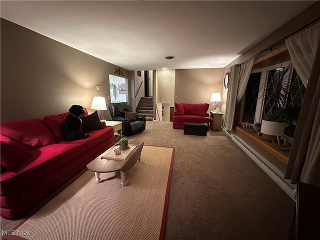 living room with carpet flooring and baseboard heating