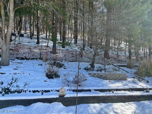 view of yard layered in snow