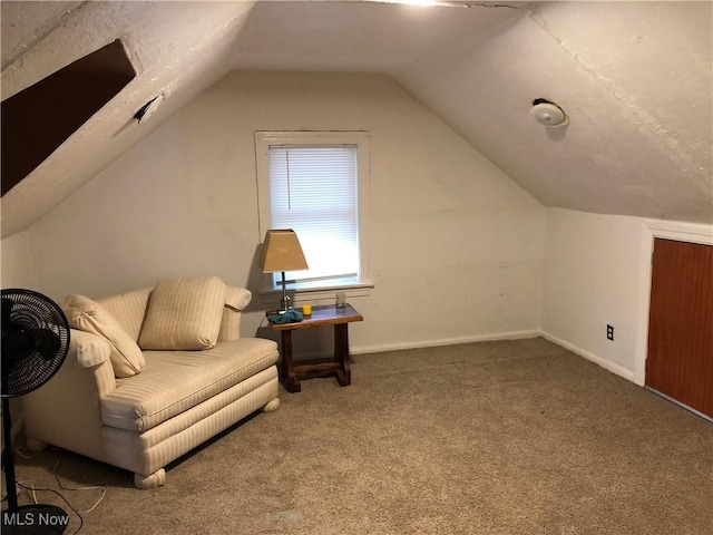 sitting room with carpet and lofted ceiling