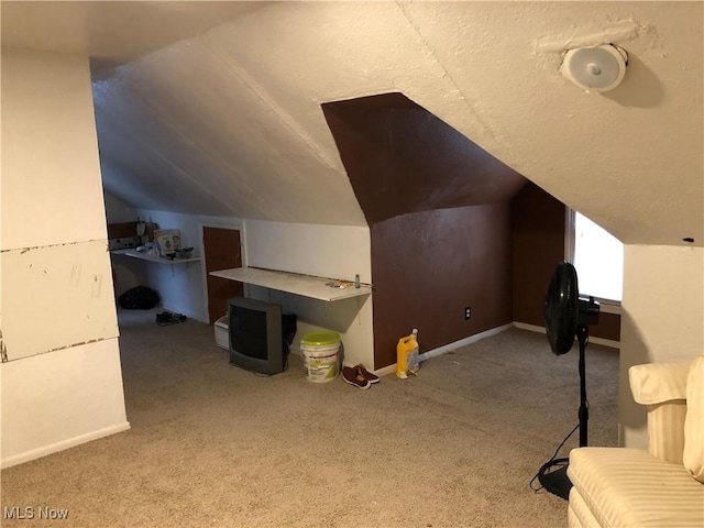 additional living space featuring light colored carpet and vaulted ceiling