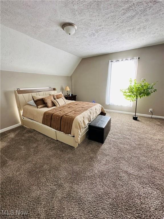 bedroom featuring carpet floors, a textured ceiling, and vaulted ceiling