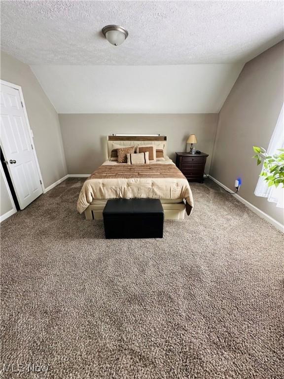 bedroom with vaulted ceiling, carpet floors, and a textured ceiling