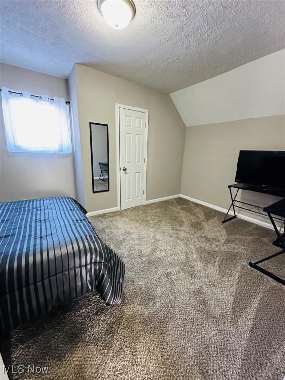 carpeted bedroom featuring lofted ceiling and a textured ceiling