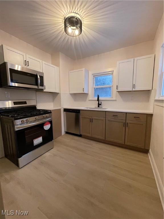 kitchen featuring white cabinets, light hardwood / wood-style floors, sink, and appliances with stainless steel finishes