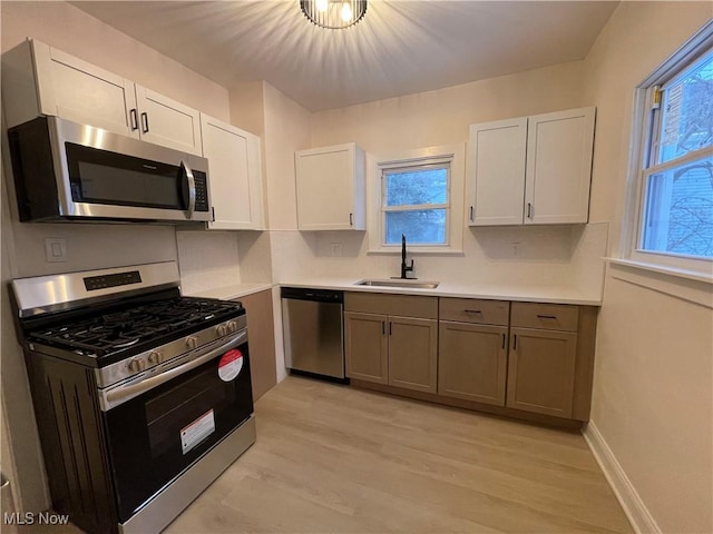 kitchen with white cabinetry, sink, plenty of natural light, appliances with stainless steel finishes, and light wood-type flooring