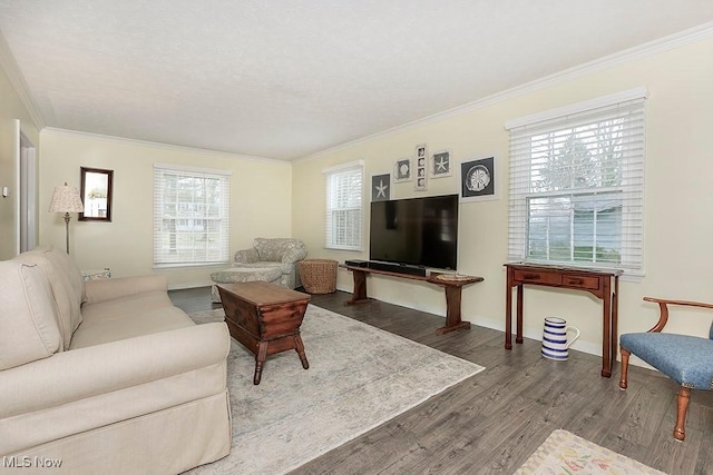 living room with a healthy amount of sunlight, wood-type flooring, and ornamental molding