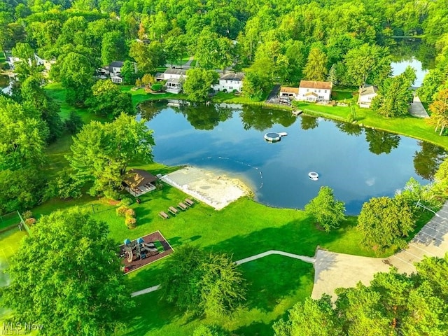 bird's eye view with a water view