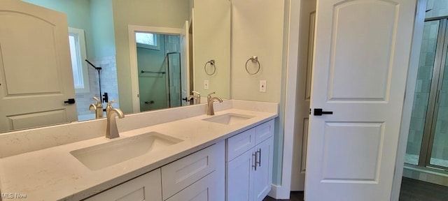 bathroom with vanity and a shower with shower door