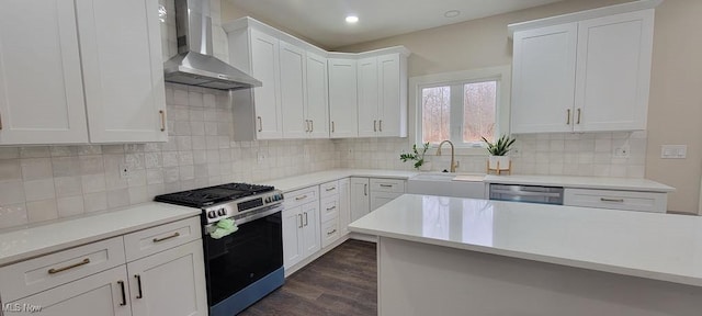 kitchen featuring backsplash, dark wood-type flooring, wall chimney range hood, appliances with stainless steel finishes, and white cabinetry