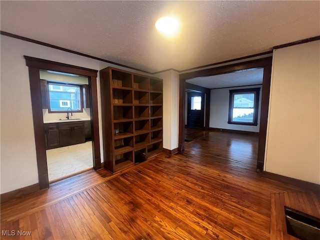 spare room with sink, dark hardwood / wood-style flooring, a textured ceiling, and ornamental molding