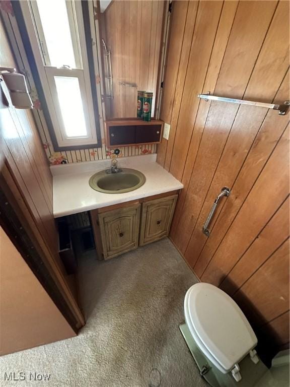 bathroom with toilet, wood walls, and vanity