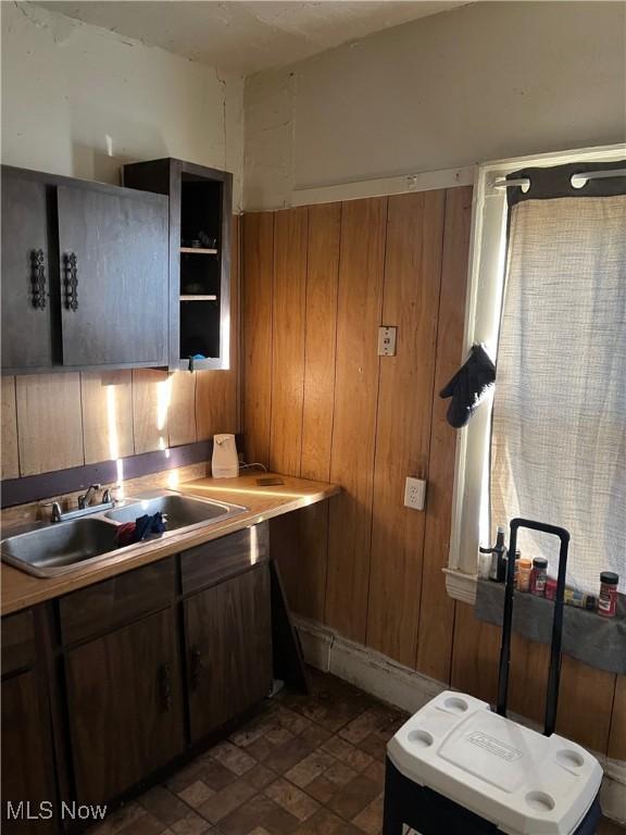 kitchen featuring wood walls and sink