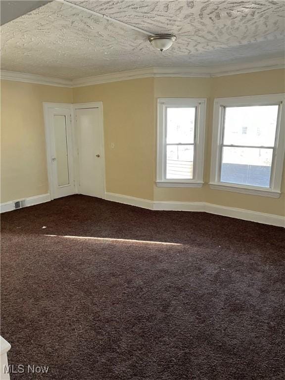 spare room featuring crown molding, carpet floors, and a textured ceiling