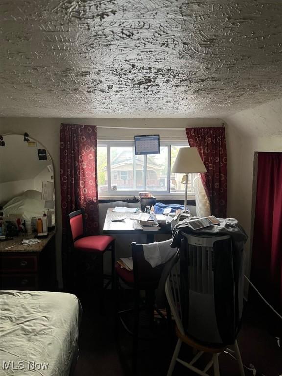 bedroom with lofted ceiling and a textured ceiling