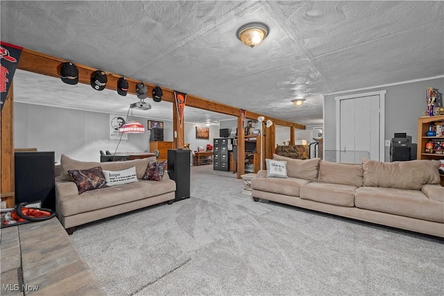 living room with carpet and a textured ceiling