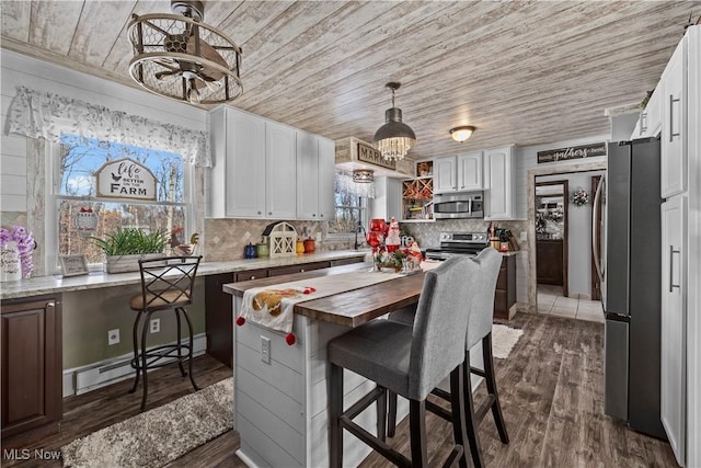 kitchen with white cabinets, a kitchen bar, butcher block counters, and stainless steel appliances