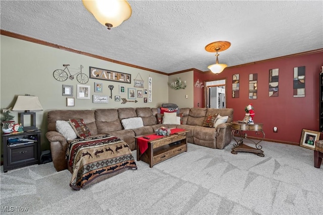 carpeted living room featuring crown molding and a textured ceiling