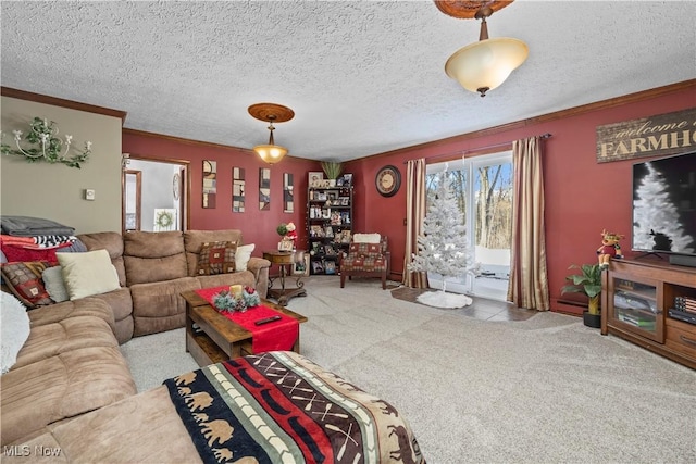 living room with a textured ceiling and light colored carpet