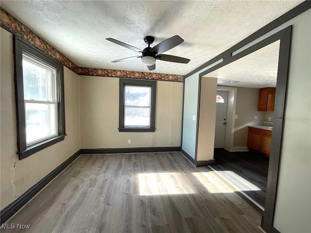 unfurnished room featuring a textured ceiling, light hardwood / wood-style flooring, and ceiling fan