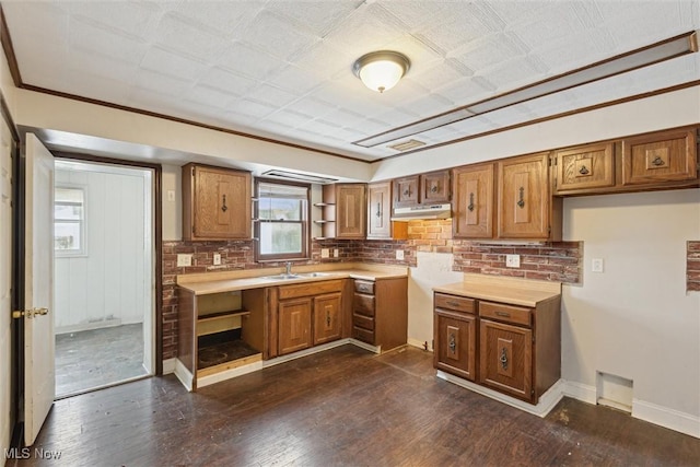 kitchen with dark hardwood / wood-style flooring and crown molding