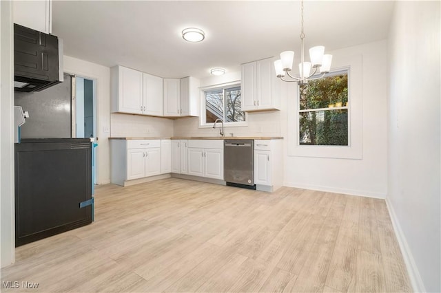 kitchen featuring dishwasher, decorative light fixtures, white cabinets, and decorative backsplash