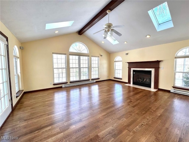 unfurnished living room featuring high vaulted ceiling, ceiling fan, a baseboard radiator, beamed ceiling, and dark hardwood / wood-style flooring