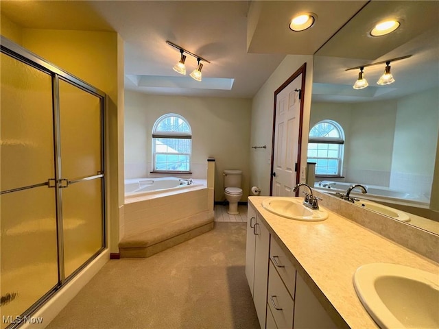 full bathroom featuring plus walk in shower, vanity, a tray ceiling, and toilet