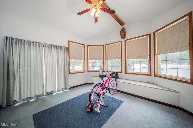 workout room featuring ceiling fan, carpet flooring, and vaulted ceiling