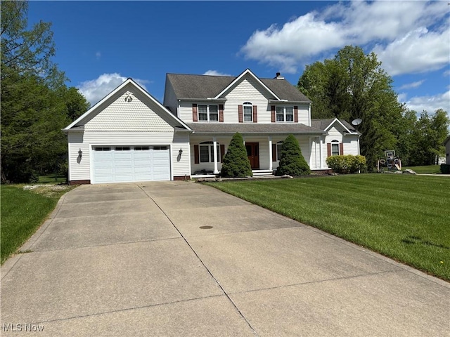 11579 Olde Stone Ct, Concord, OH 44077 - view of front of property with concrete driveway, a garage, a porch, a front yard, and a chimney