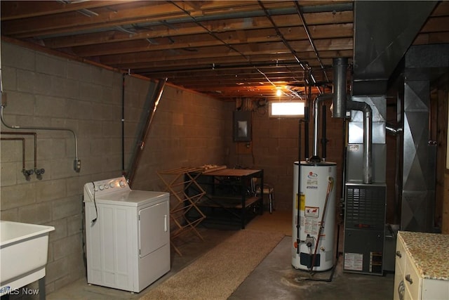 basement featuring sink, water heater, electric panel, heating unit, and washer / dryer