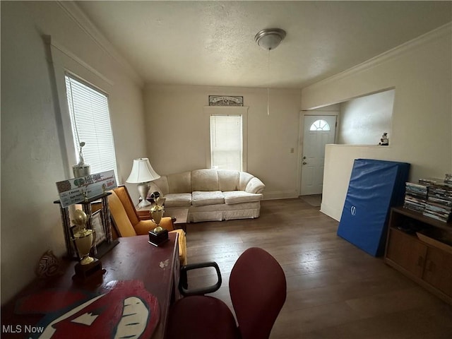 living room with dark hardwood / wood-style floors and ornamental molding