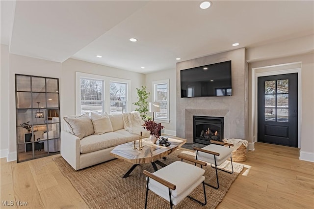 living room with a premium fireplace and light wood-type flooring