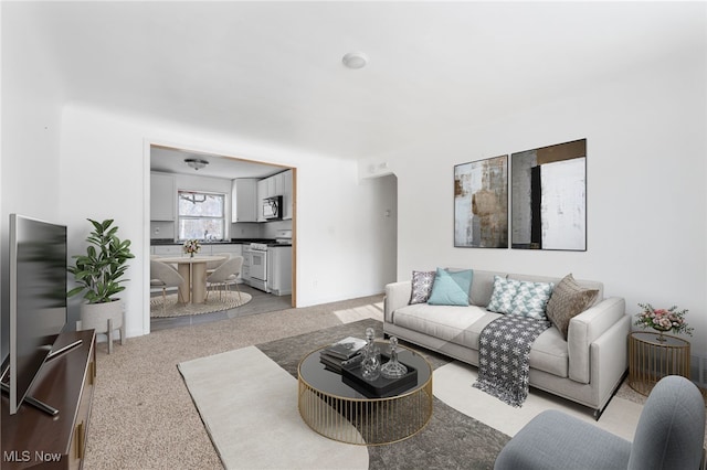 living room featuring light carpet