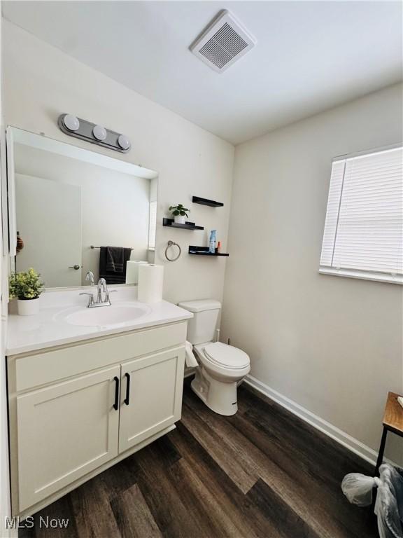 bathroom with vanity, wood-type flooring, and toilet