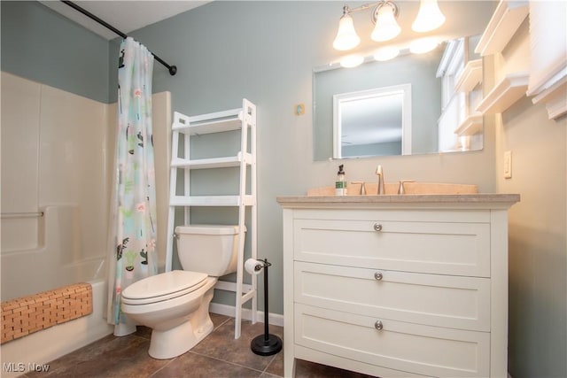 full bathroom featuring shower / bathtub combination with curtain, toilet, vanity, and tile patterned flooring