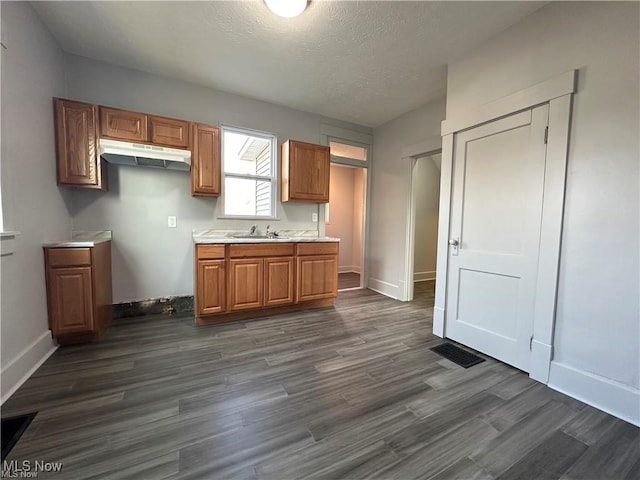 kitchen featuring a textured ceiling, dark hardwood / wood-style floors, and sink