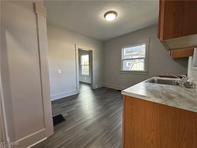 kitchen featuring a textured ceiling, dark hardwood / wood-style flooring, and sink