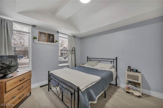 bedroom with a raised ceiling and light hardwood / wood-style flooring