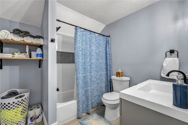 full bathroom featuring vanity, shower / bathtub combination with curtain, a textured ceiling, and toilet