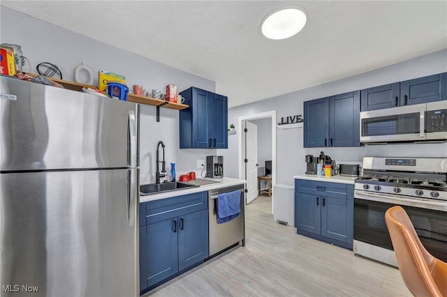 kitchen featuring blue cabinetry, sink, light hardwood / wood-style floors, and appliances with stainless steel finishes