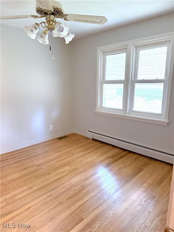 unfurnished room featuring ceiling fan, a baseboard radiator, and light wood-type flooring