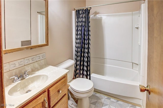 full bathroom with vanity, toilet, and shower / bathtub combination with curtain