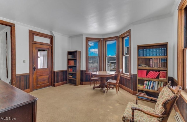 sitting room with wood walls, light colored carpet, and ornamental molding