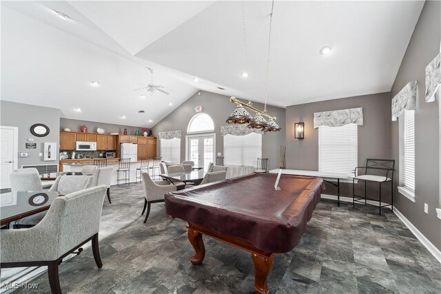 playroom featuring pool table, ceiling fan, french doors, and high vaulted ceiling