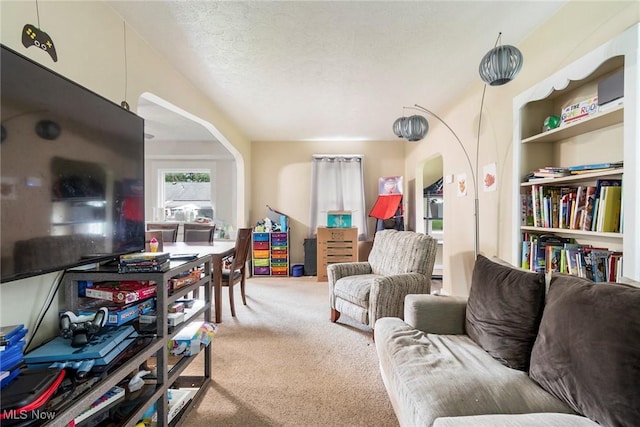 carpeted living room featuring a textured ceiling