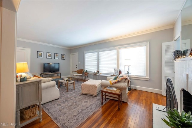 living room with ornamental molding and wood-type flooring